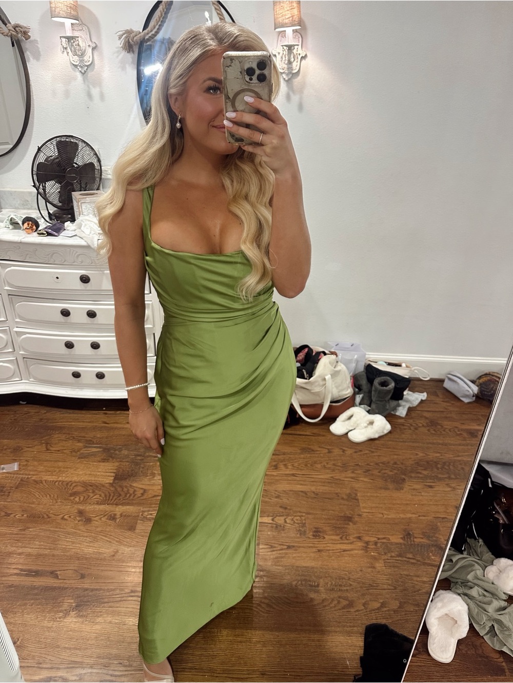 Sleek Olive Green Satin Cowl Maxi Dress
